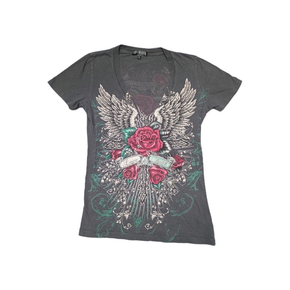 Brad Butter V Neck T Shirt Top Goth Vintage Womens Black Floral Angel S